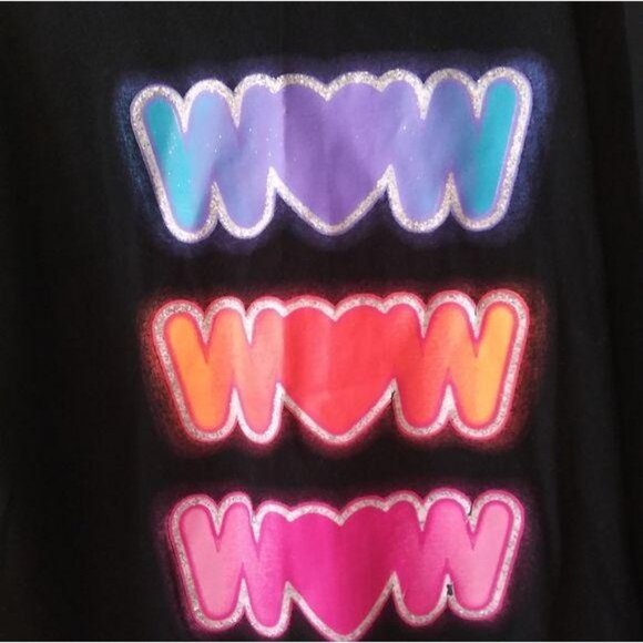 Total Girl XL 18½ Plus Long-Sleeve Black Shirt "WOW" Rainbow Heart Graphics - Picture 3 of 5